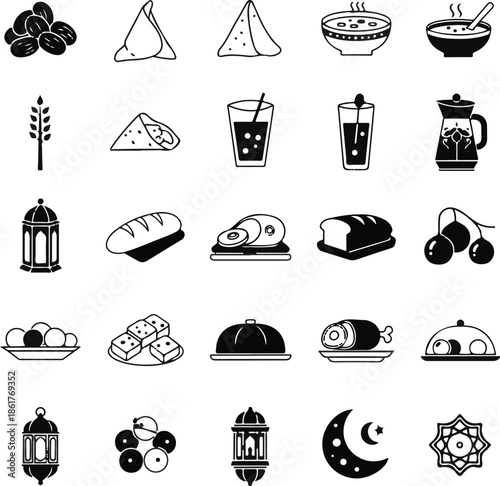 Ramadan Iftar Food Icons Set Islamic Feast Black Line Elements