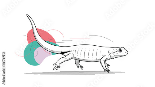 Detailed pencil style sketch of a lizard crawling with colorful geometric circles and lines in the background for nature art.