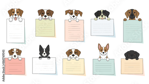 Collection of ten different dog breed illustrations peeking over colorful paper note sheets for messages or reminders.