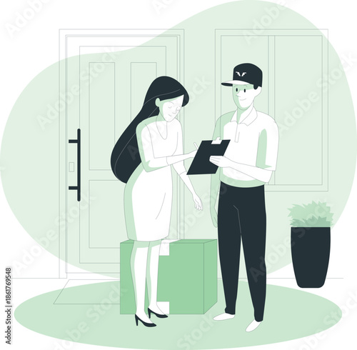Delivery person handing a package to a woman standing beside a large box in front of a door