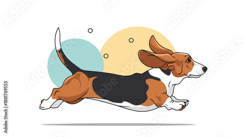 Dynamic illustration of a Beagle dog running at high speed with its ears flapping against a colorful geometric background.