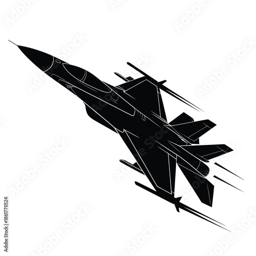 A sleek black silhouette of a modern fighter jet in flight