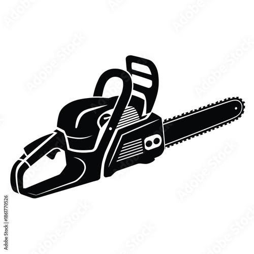 A black and white illustration showcasing a powerful gasoline chainsaw tool