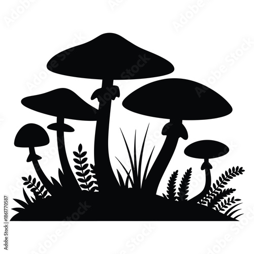 Black silhouette illustration of mushrooms and ferns in a natural scene