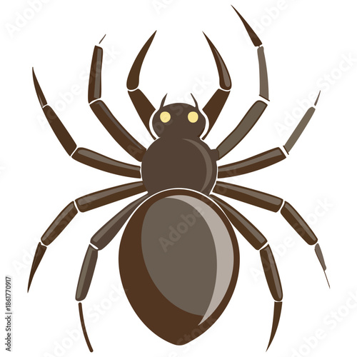 A brown spider with eight legs and yellow eyes on a white background