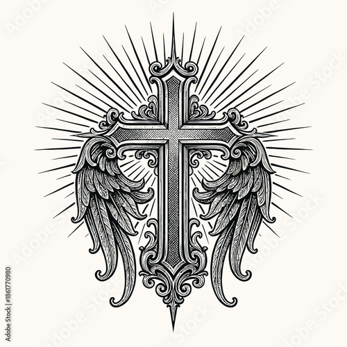 Ornate Christian cross with angel wings, illustrated in detailed black-and-white engraving style to symbolize faith, protection, and divine strength.