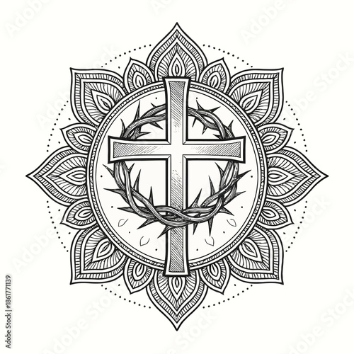 Ornate Christian cross with a crown of thorns inside a detailed mandala circle, combining faith, sacrifice, and sacred symbolism in an elegant black-and-white line art illustration.