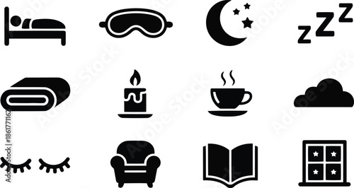 A charming collection of black silhouette icons representing peaceful sleep, cozy relaxation, and nighttime activities