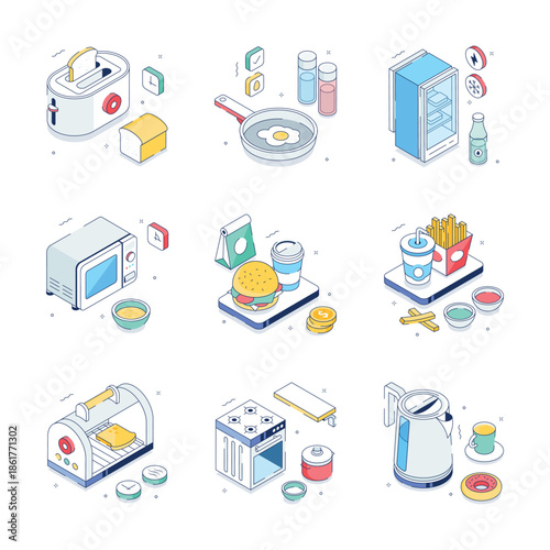 A trendy isometric illustrations set of cooking and restaurant, editable vectors