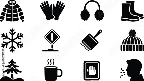 A collection of black glyph icons showcasing winter clothes, cold weather elements, and essential items