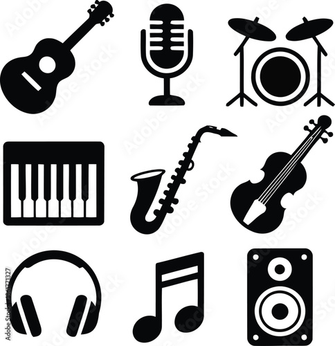 A collection of black icons representing various musical instruments and audio equipment