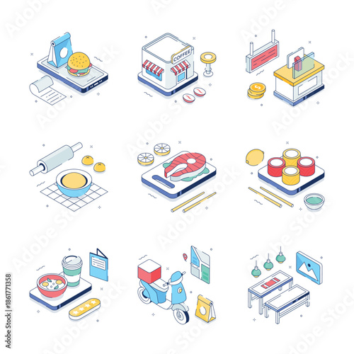 A visually engaging isometric illustration set of restaurant and food