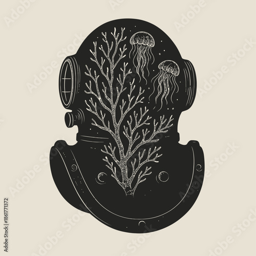 Surreal deep-sea illustration of a vintage diving helmet containing coral branches and floating jellyfish, blending ocean life with dreamlike symbolism and exploration themes.