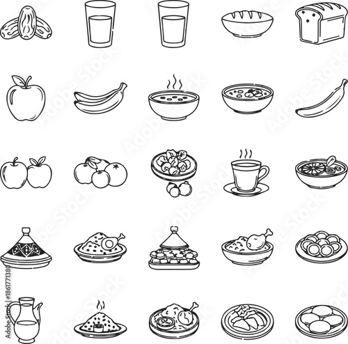 Healthy Ramadan Iftar Food and Halal Meal Line Icons Set