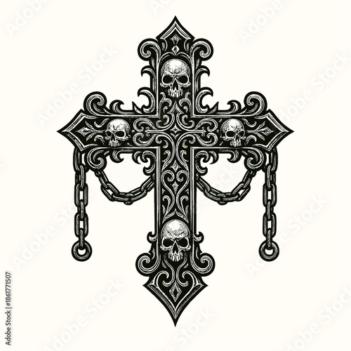 Dark gothic cross with skull motifs and hanging chains in detailed black engraving style, symbolizing mortality, rebellion, and occult-inspired religious symbolism.