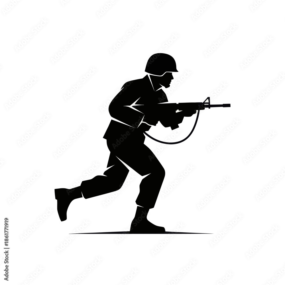 Obraz premium Silhouette Soldier Running With Rifle