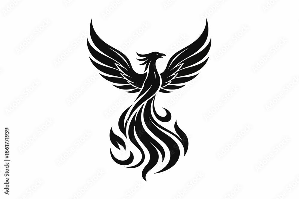 Obraz premium Black Silhouette of Phoenix Bird Rising from Flames