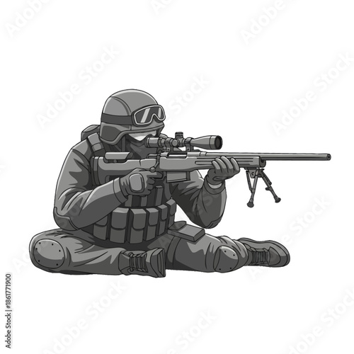 Soldier with sniper rifle, aiming, tactical gear, illustration, military concept