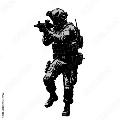 Special forces soldier aiming rifle, tactical gear, night vision, combat readiness, modern warfare illustration
