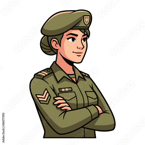 Confident Woman Soldier in Uniform with Beret and Crossed Arms, Military Service