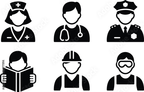A collection of black vector icons showing various essential professional occupations