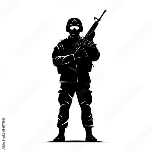 Silhouette of a soldier with a rifle, standing guard, military illustration