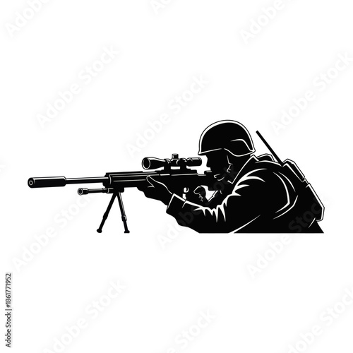 Silhouette of a soldier aiming a sniper rifle with a scope and bipod, military theme