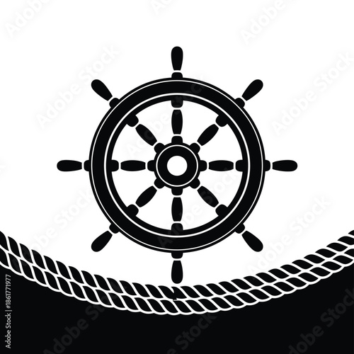 A black and white depiction of a ship s wheel with a rope detail
