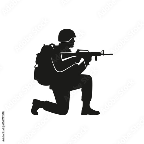 Silhouette Soldier Kneeling with Rifle and Backpack, Military Action