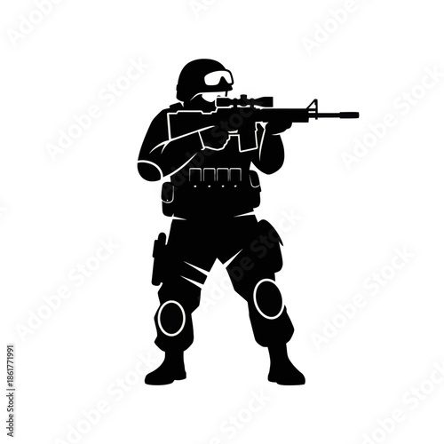 Special Forces Soldier Silhouette with Rifle on White Background - Military Action Vector