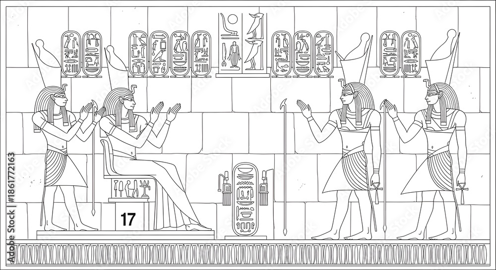 Obraz premium Ancient Egyptian mural relief depicting pharaohs and deities with hieroglyphic cartouches and ceremonial symbolism in a historic temple setting