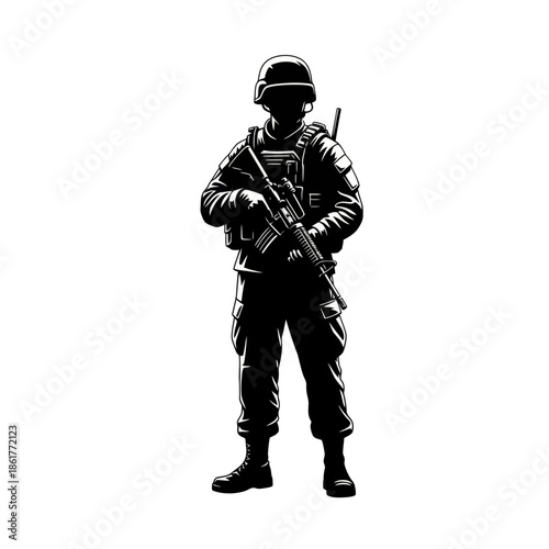 Silhouette Soldier Standing with Rifle and Helmet, Military Combat Ready