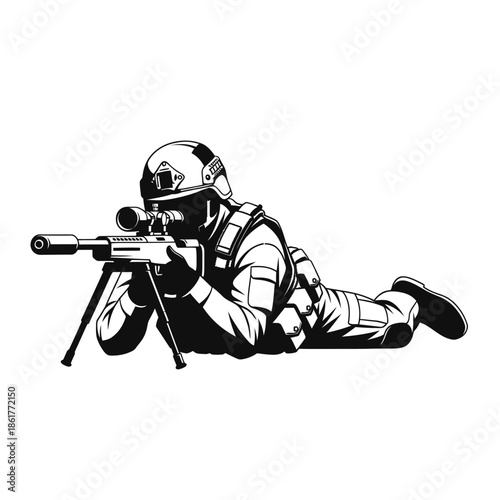 Soldier Sniper Lying Down Aiming Rifle with Scope, Military Combat Silhouette