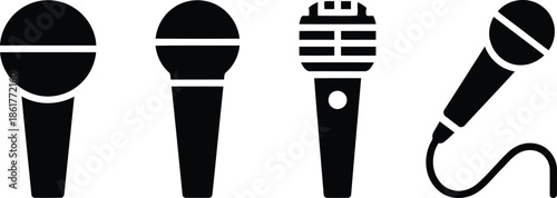 A collection of four black microphone icons depicting various designs for sound recording and speaking