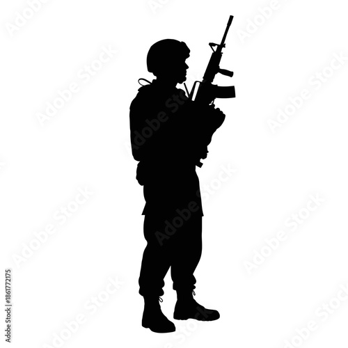 Silhouette of Soldier with Rifle, Military Combatant Icon, Vector Art
