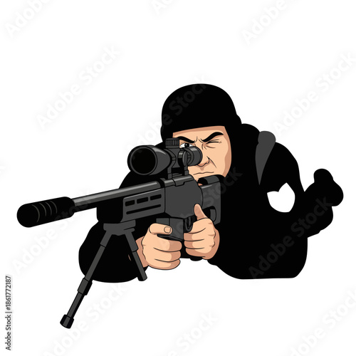 Sniper aiming with rifle, focused soldier in action, military, tactical, combat, special forces