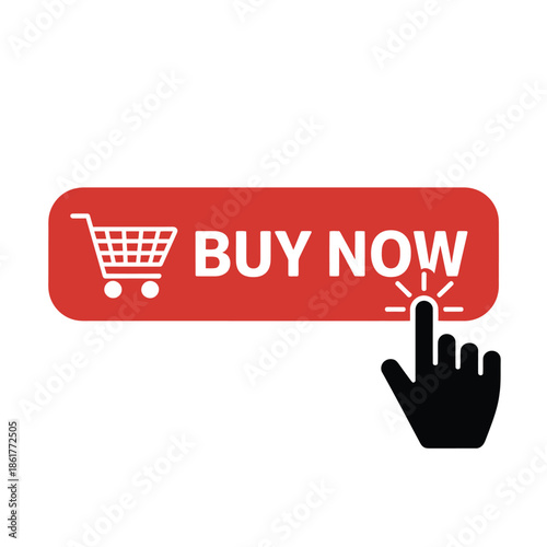 Hand clicking a red buy now button with shopping cart icon