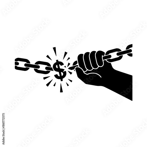 A powerful black and white icon of a broken chain with a link shaped like a currency symbol. Representing the act of breaking free from the cycle of bribery and systemic corruption