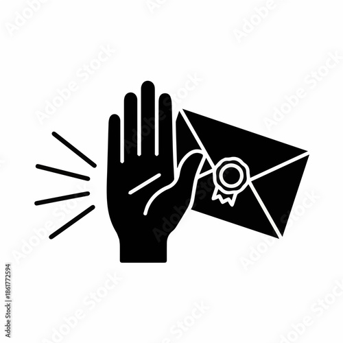 Minimalist black and white graphic of a hand stopping a bribe envelope. Concept for honesty and anti-corruption movements