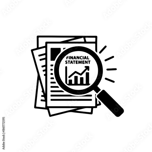 Black and white icon of a magnifying glass inspecting a financial report or document. Represents investigation, audit, and transparency in fighting corruption