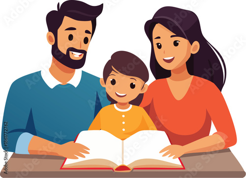family reading a book together happily