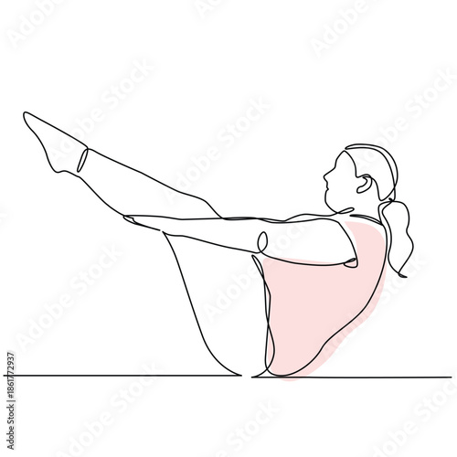Overweight woman doing pilates exercise one line drawing. Overweight woman doing pilates exercise single line illustration. Overweight woman doing pilates exercise minimalist line art
