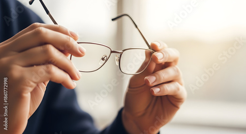 Woman hands holding elegant metal frame eyeglasses for inspection near window with natural light