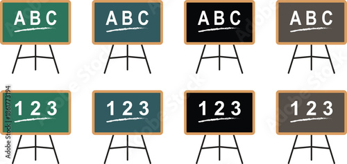 Classroom board or chalkboard icon set. Vectors illustration education ABC and 123 tripod easel stand flat graphic elements for education, teaching, learning, presentation, training, academic designs.
