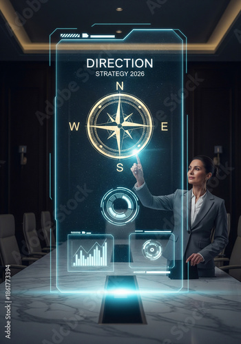 Businesswoman setting business direction and strategy on a futuristic interface with a compass