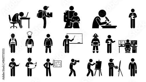 Various Occupations and Professions Silhouette Icons.