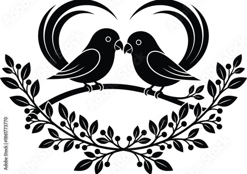 Love birds heart shape illustration, romantic couple birds on branch, wedding valentine symbol, decorative nature design, black vector