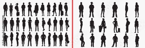standing people silhouette vector, human figure black silhouettes, people pose illustration set, male female outline art, social people vector collection, lifestyle icon set, crowd clipart silhouettes