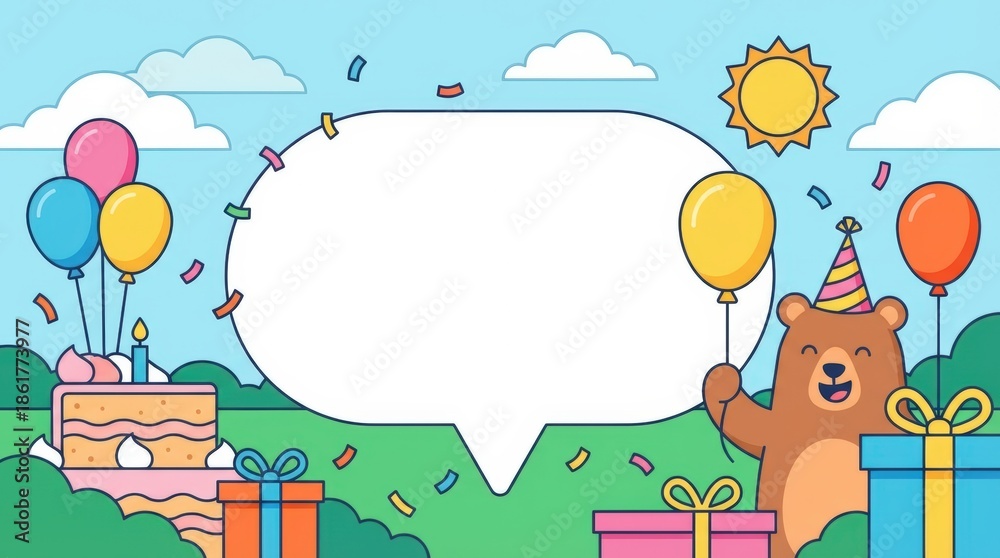 Naklejka premium Celebratory cartoon bear holding balloons with cake and gifts outdoor party scene fun illustration bright colors joyful atmosphere happy birthday theme