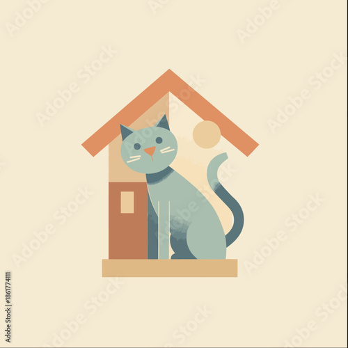 Minimal flat illustration of a friendly cat inside a house shape, symbolizing home safety, protection, and comfort, ideal for insurance, security, pet care, or modern lifestyle concepts.